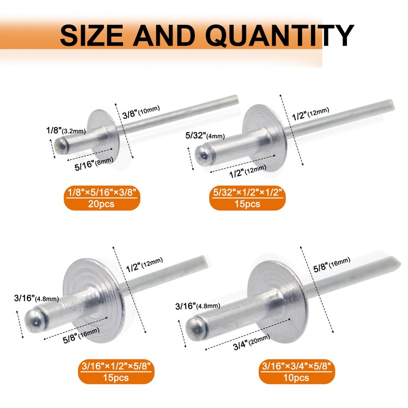 ISPINNER 60pcs Large Flange Aluminum Blind Rivets Assortment Kit with