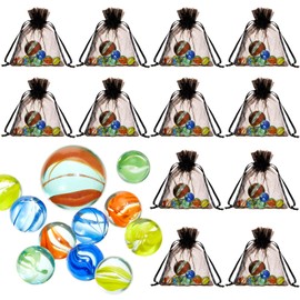 Pack of 12 Marble Game Sets, Bag of Marbles Glass Marble Pack Fun Shooter Marbles with Black Drawstring Storage Bag for Indoor and Outdoor Game Party Favors, 11 Marbles and 1 Shooter Per Pack
