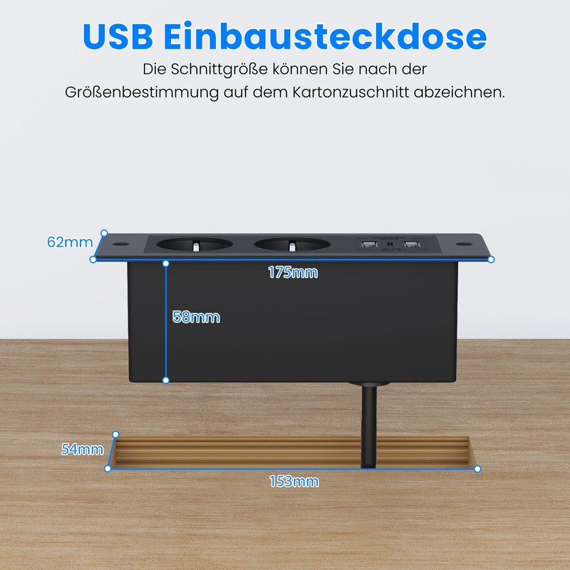 JACEPFY Retractable Socket 2-Way Built-in Socket with 2 USB A