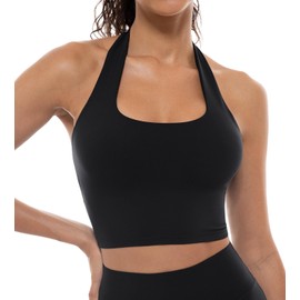 Lavento Women's Halter Sports Bra Pleated Longline Padded Yoga Crop Bras Top (Black, 6)