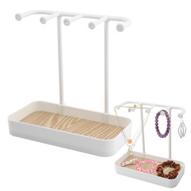 RVXlRDN Jewelry Organizer Stand Necklace Holder, Jewelry Rack with Wooden Tray, 5 Hooks Necklaces Hanging Small Jewelry Display Storage for Bracelets Earrings Rings Watches(white)