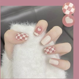 24 pcs Cute Nail Tips, Grid Pattern, Pink, Milky White, Removable Nail Tips, False nails, Cute Women, Receptions, Parties, After-parties, School Entrance Ceremonies, Graduation Ceremonies,