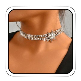 JAKAWIN Rhinestone Silver Star Choker Necklace Jewelry Sparkly Crystal Necklaces for Women