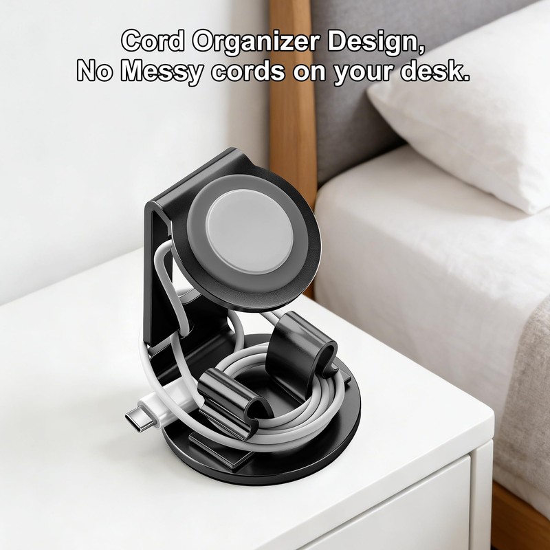 Aluminum-Made Watch Charger Stand with Cord Organizer (Black)