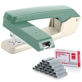 Deli/EZWORK Swing-Arm Swivel Stapler, 25 Sheets Capacity, 360 Degree Rotate Desk Staplers with 1000 Staples for Booklet or Book Binding, Green+White