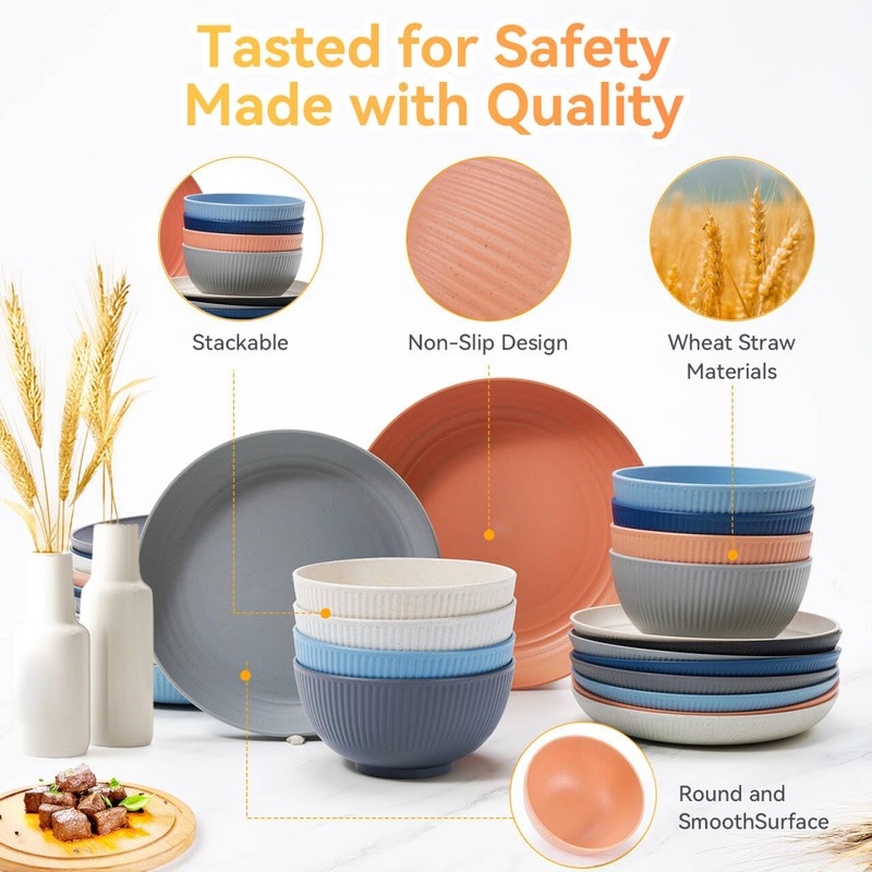 Wheat Straw Dinnerware Sets,64-Piece Plates and Bowls Sets for 8-Unbreakable,Reusable