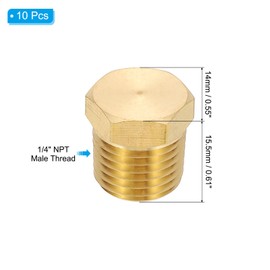 PATIKIL 1/4" NPT Male Brass Pipe Plug Fitting, 10Pcs Outer Hex Thread Socket Plug Ends Sealing Tubing Fitting for Refrigeration, Water, Air, Oil, Gas Line