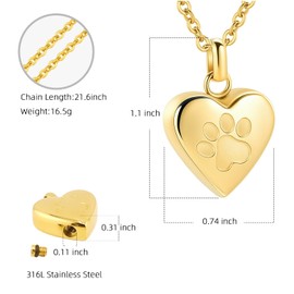 InfuMemo Pet Heart Cremation Jewelry For Ashes For Dog/Cat Paw Stainless Steel Memorial Locket Urn Necklace Paw Print Pet Heart Urn Necklace Memorial Keepsake Jewelry Ashes