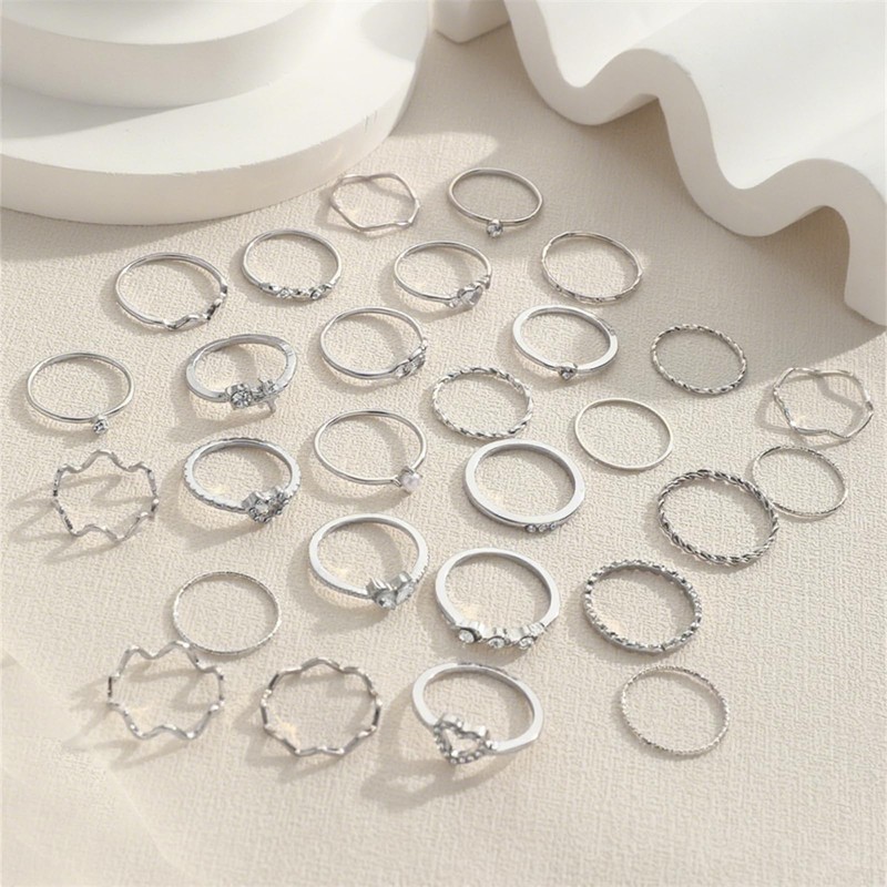 CHUANFU 28 Piece Rings Silver Set, Knuckle Rings Set for