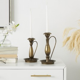 The Novogratz Metal Decorative Candle Holder Antique Style Candle Stand with Candle Plates and Handles, Set of 2 Candlestick Holder 10", 8" H, Bronze