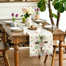 RABUSOFA Cross Bunny Colorful Eggs Flowers Leaves Rabbits Easter Table Runner,Easter Decorations for Home Kitchen Dining Dinner Indoor Holiday Farmhouse Spring Decor 13x72 Inch