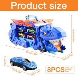 Mineup Dinosaur Truck Eating Cars Toy for Kids 8 Pcs Alloy Racing Cars, Dinosaur Truck Toys with Foldable Sliding & Toy Car Storage, Portable Race Track Truck, Dinosaur Toys for 3 4 5 6 Years Old Boys
