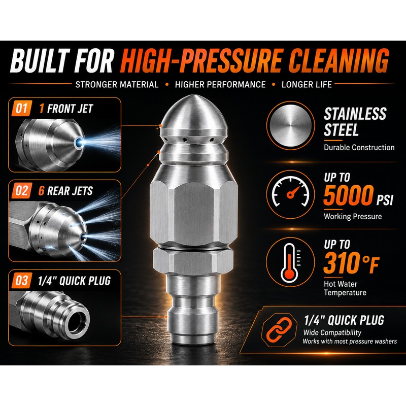 Sewer Jetter Nozzle for High-Pressure Washer – Stainless Steel Quick