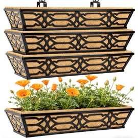 cheehigo 4 Pack 30 Inch Window Boxes Planters with Coco Liner, Large Metal Railing Planter Boxes for Deck, Heavy Duty Hanging Trough for Fence and Front Porch Garden Flower Display