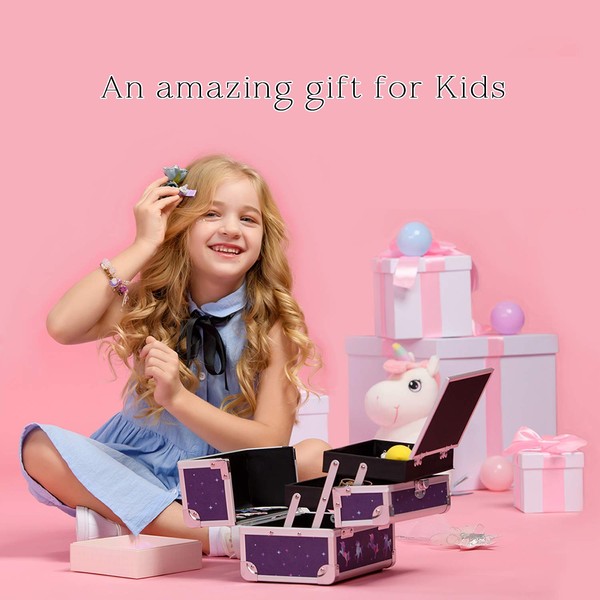 Joligrace Makeup Train Case for Girls Cosmetic Box Jewelry Organizer Hair Accessories Storage Lockable with Trays & Mirror Kids Gift Unicorn