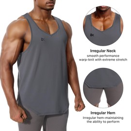 BROKIG Mens Irregular Gym Workout Stringer Tanks, Bodybuilding Athletic Training Tank Top UPF 40+ Muscle Tank Casual Sleeveless (X-Large,Gray)