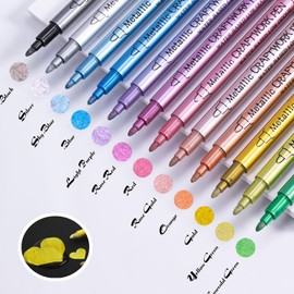 KsopiaVobs Acrylic Paint Markers, Metal Color Round Nib Point Acrylic Paint Pens for Rock Painting, Canvas, Wood, Ceramic, Glass, Stone, Fabric, DIY Crafts & Art Supplies(12 Color/Set)