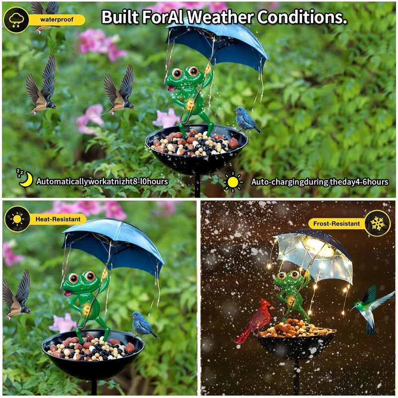 YZYOE Solar Powered Frog Holding an Umbrella Feeding Light, Garden