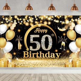 Happy 50th Birthday Party Banners,Birthday Party Decoration Extra Large Fabric Black Gold Sign Poster for Anniversary Photo Booth Backdrop Background Banner, 72.8 x 43.3 Inch