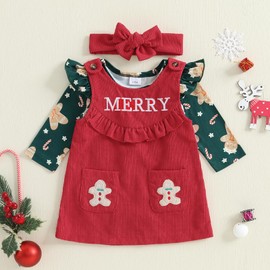 Adobabirl My First Christmas Baby Girl Outfit Ruffle Long Sleeve Romper Corduroy Overall Dress Headband Cute Fall Clothes (Gingerbread Man Green, 3-6 Months)