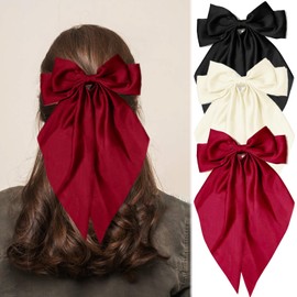 Black Red Beige Hair Bows for Women Girls, Oversized Large Coquette Bow Aesthetic Hair, Silky Satin Long Tail Bowknot Hair Ribbons Big Bow Clip Accessories Trendy Stuff
