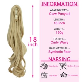 SLLIE Ponytail Extension Claw 18" 20" Curly Wavy Straight Clip in Hairpiece One Piece A Jaw Long Pony Tails for Women