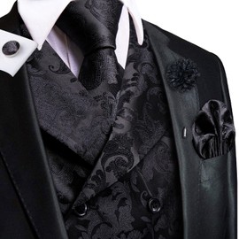 Hi-Tie Black Silk Suit Vest Mens Floral Double Breasted Floral Waistcoat Tie Lapel Pin Handkerchief Cufflinks Tie Clip Suit Tuxedo 6PCS