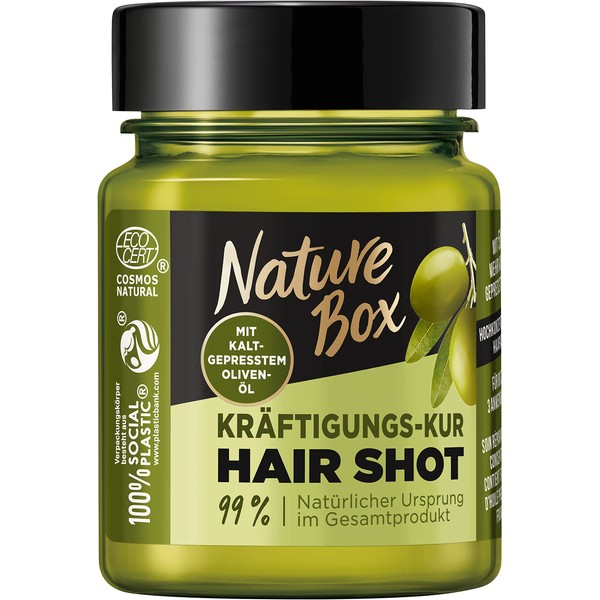 Nature Box Hair Shot Kräftigungs-Kur (60 ml), hochkonzentrierte Haarkur mit 5x mehr Oliven-Öl verleiht gepflegtes Haar in 30 Sekunden, Verpackung aus 100 % Social Plastic