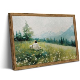 Jesus Leaves the 99 Sheep Wall Art, Christian Jesus and Lamb Pictures Wall Decor Paintings, 3D Sandstone Textured The Lost Lamb Religious Prints for Living Room Bedroom Prayer Room 16x24 inch Framed