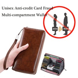 Unisex Anti-Credit Card Fraud Multi-Compartment Wallet, 24 Slots RFID Blocking Card Holder Large Long Leather Zipper Organizer Accordion Wallet, Huge Storage Capacity (Brown)
