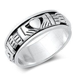 Sterling Silver Women's Men's Claddagh Spinner Ring Celtic Band 9mm Size 7