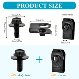 Supkiir 120Pcs Engine Under Cover Body Bolts & U-Nut Clips, 6MM Metal Car Retainer Clip, Splash Shield Guard Body Bolts Bumper Fender Fastener Rivet Clips for Most Vehicles