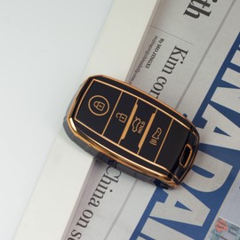 SK CUSTOM Black TPU Gold Edge Smart Key Fob Case Protective Cover Compatible with KIA Optima Rio Sorento SPORTAGE 4 Button Keyless Entry Remote Accessories