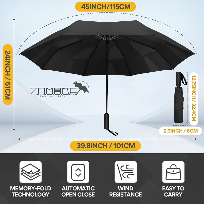 ZOMAKE Compact Travel Umbrella- 3 Seconds Shape Memory Folding Umbrella,