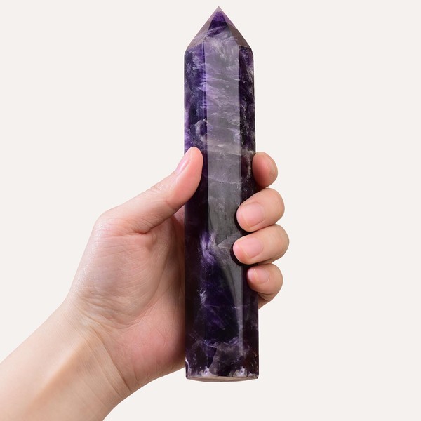 WUYOUSHI Large Natural Dream Amethyst Healing Crystal Wand 7.08-7.87" Natural Crystal Tower 6 Faceted Chakra Crystal Point Meditation Therapy Reiki Energy Stone Home Decor Collection Gift