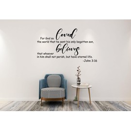 Bible Verse Prayer Wall Decal Sticker, for God so Loved The World -John 3:16 Inspirational Christian Religious Scripture Quotes Vinyl DIY Remove Wallpaper Mural for Livingroom Home Office