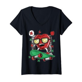 Womens Cute Heart Character Cool Apple Skater Cartoon For Kids V-Neck T-Shirt