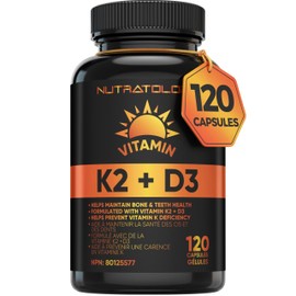 Nutratology Nutratology Vitamin K2 + D3 Highest Potency 120MCG/1000 IU - 120 Capsules - Helps Maintain Bone & Teeth Health - Formulated With MK-7 For Best Results - Immune System Support - Made In Canada