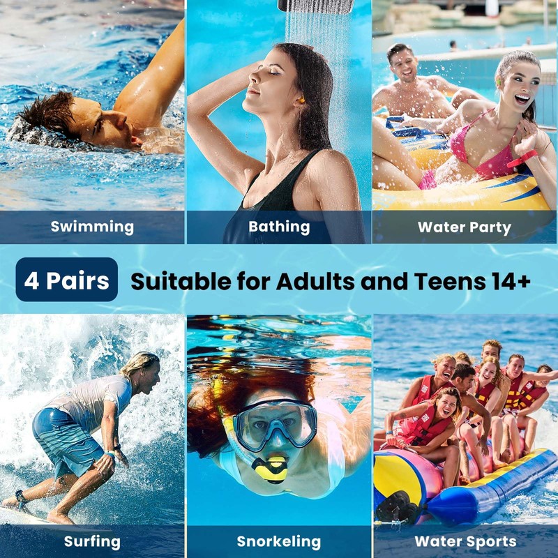 Swimming Ear Plugs for Adults Kids, 4 Pairs Silicone Earplugs