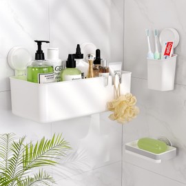 Luxear Strong Suction Shower Caddy No Drilling Shower Shelf Basket Removable Shower Storage Rustproof Waterproof for Bathroom Wall Shampoo Razors Soap with Drainage Design and Hooks 3Pack- White