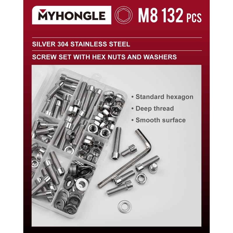 132 Piece M8 Screws Set, Stainless Steel Cylinder Screws with