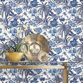 RoomMates Waverly RMK11881RL Exotic Curiosity Peel and Stick Wallpaper (18 in x 18.86 ft) – Easy Application, No Sticky Residue – Blue and White, Sample