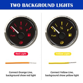 52mm 2" 0-190 ohm Fuel Gauge for Boat 12V/24V Analog Signal Fuel Level E-1/2-F Range Display with Red or Yellow LED Backlight for RV, Marine, Truck, Waterproof Stainless Steel Frame