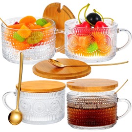 MAQUITA Vintage Coffee Mugs Set of 4 Embossed Tea Cups, Overnight Oats Containers with Bamboo Lids and Spoons, 14oz Glass Coffee Cups for Cappuccino, Latte, Cereal, Yogurt, Beverage, Clear