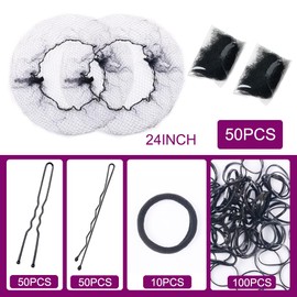 260PCS Hair Nets Set-50 Pcs 24 Inch Black Hair Nets with 50 U-Shaped Pins 50 Bobby Pins 100 Elastic Bands 10 Hair Ties, Perfect for Women Girls Ballet Bun Hair Bun Making,Black 24inch