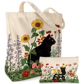 Miss Adola Aesthetic 2 Set Canvas Tote Bag - with Cosmetic Makeup Zipper Pouch Bag for Women Cloth Cotton Tote Bag for Shopping, Gym, Work, Travel, Vacation, Grass Cat