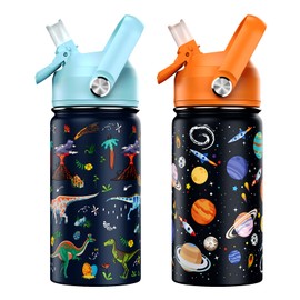 ACESAK 14oz Kids Insulated Water Bottle with Straw Lid - 18/8 Stainless Steel Kid Cup Travel Tumbler Double Wall Vacuum Leak Proof Portable Toddler Water Bottle (Space + Dinosaur)