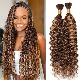4/27 Honey Blonde Human Braiding Hair Water Wave for Braiding,Bulk Human Hair Extensions for Boho Braids Blonde Highlight No Weft Curly for Boho Braids 24Inch Wet and Wavy Braiding Human Hair Bundles