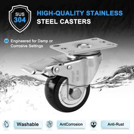 Moogiitools 304 Stainless Steel Caster Wheels with Brake,Polyurethane (PU) Rust-Proof Heavy Duty Casters Set of 4,Anti-Corrosion Industrial Castor for Furniture,Labs,Hospitals,Restaurants (2 inch)