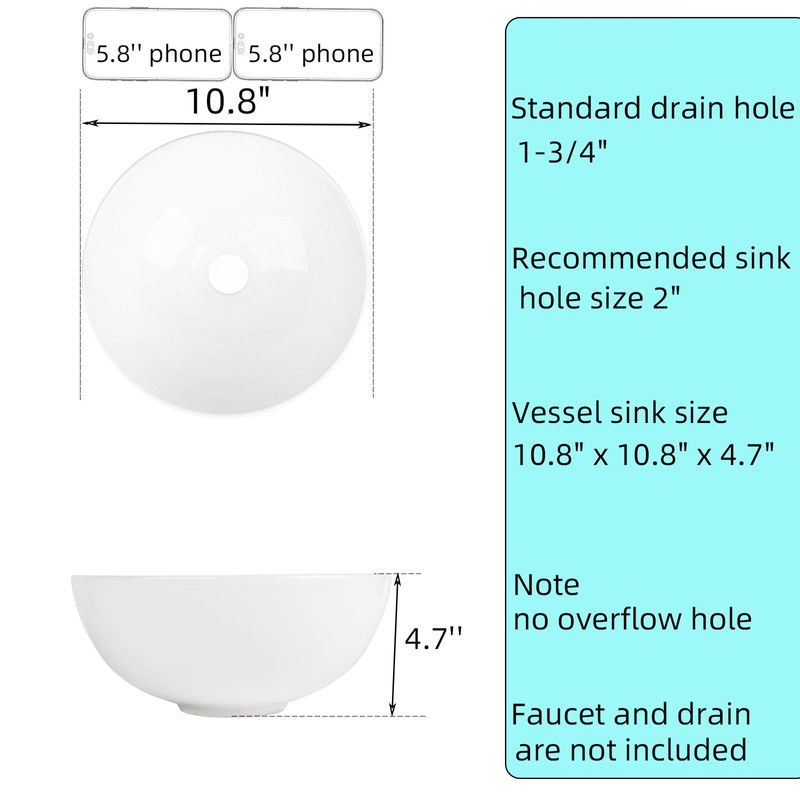 11 Inch Round Bathroom Sink Above Counter, Small White Ceramic